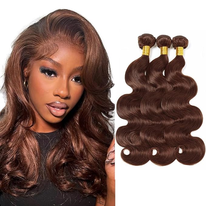 34 34 34 Inch Color 4 Bundles Human Hair Chocolate Brown Body Wave Bundles Niegmeag Brazilian Virgin Soft and Silky Remy Hair Extensions Double Weft Color 4 Body Wave Bundle