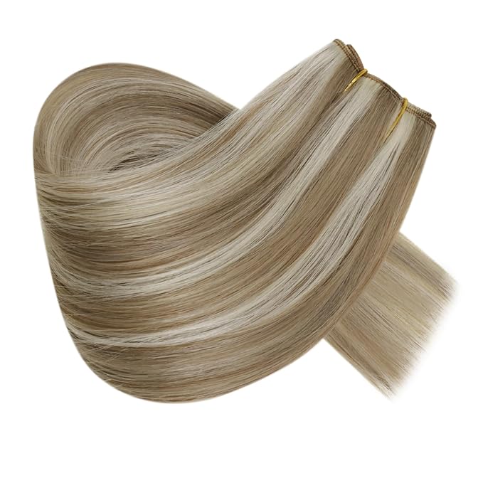 RUNATURE Wire Hair Extensions Human Hair, Hidden Fish Line Hair Extensions, Natural Remy Hair, One Piece Clip in Extensions for Women, Can be Styled, 14 Inch 70g #8P24 Brown Highlight Blonde