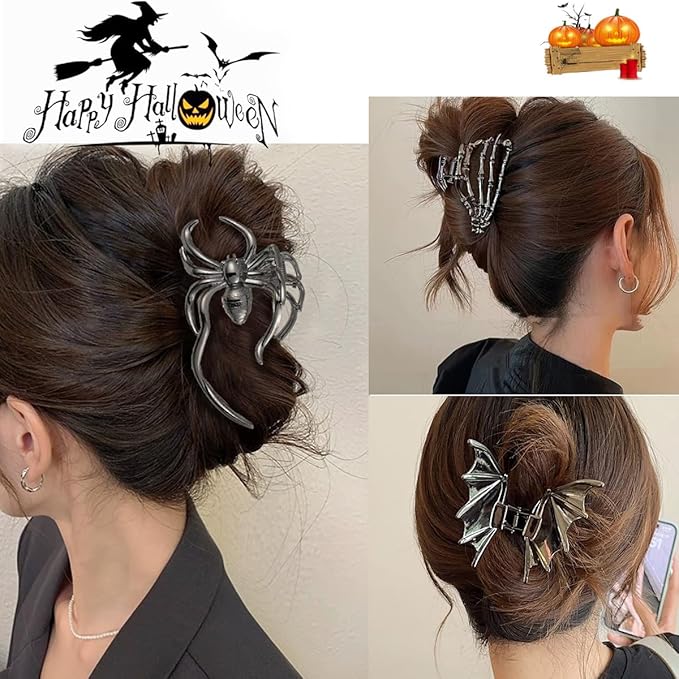 3 Pieces Large Metal Spider Net Bat Hand Hair Claw Clips for Women and Girls Thick Long Hair, Gothic Decor Skeleton Spooky Hair Styling Accessories for Halloween Christmas Gifts