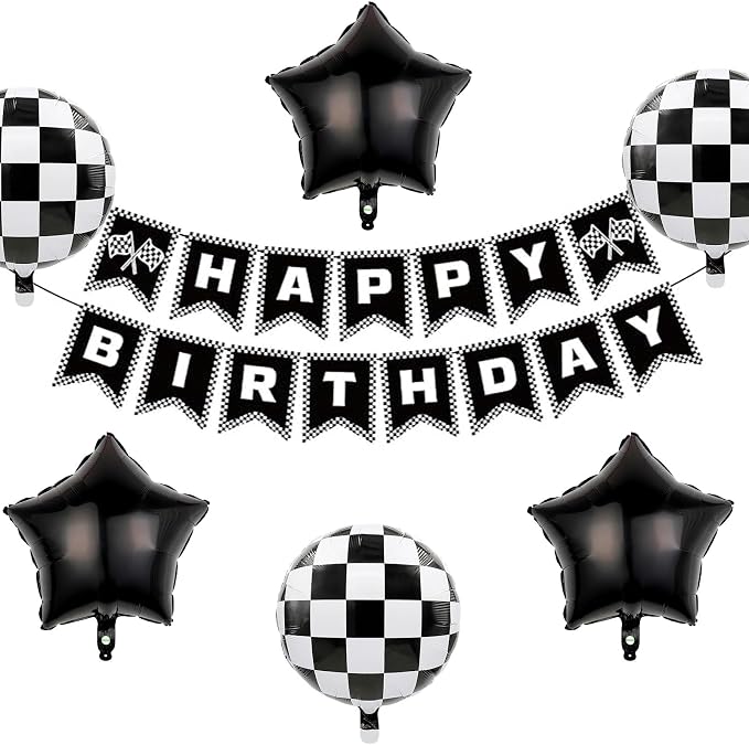 Black White Race Car Theme Party Decorations Set Checkered Happy Birthday by BIEUFBJI