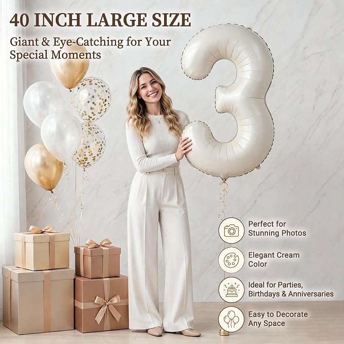 CARGEN 40 Inch Creamy White Number 3 Balloon Boho Neutral Party Decoration | - Image 2