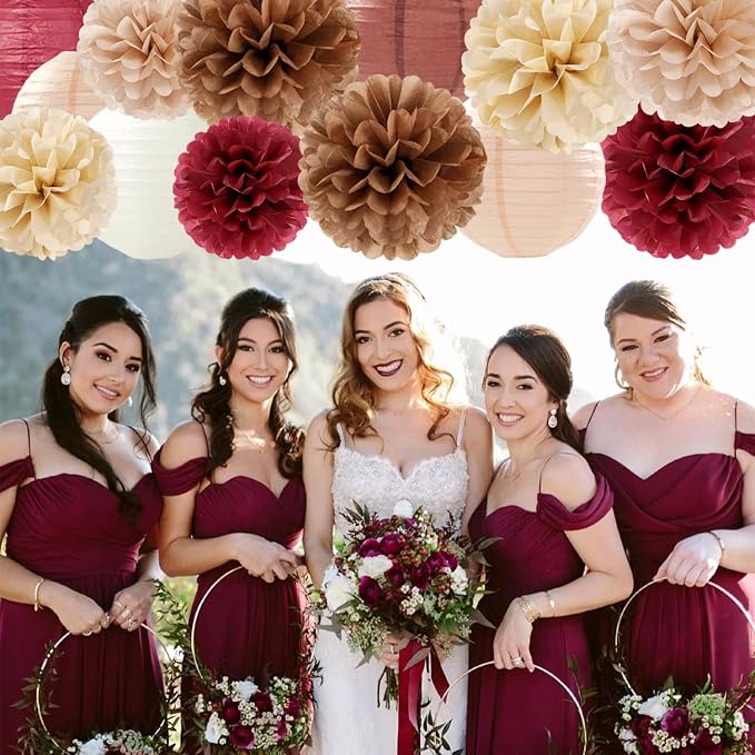 Burgundy-Brown Champagne Party-Decorations Paper-Flowers Lanterns - Image 5