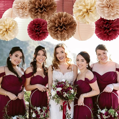 Burgundy-Brown Champagne Party-Decorations Paper-Flowers Lanterns - Image 5