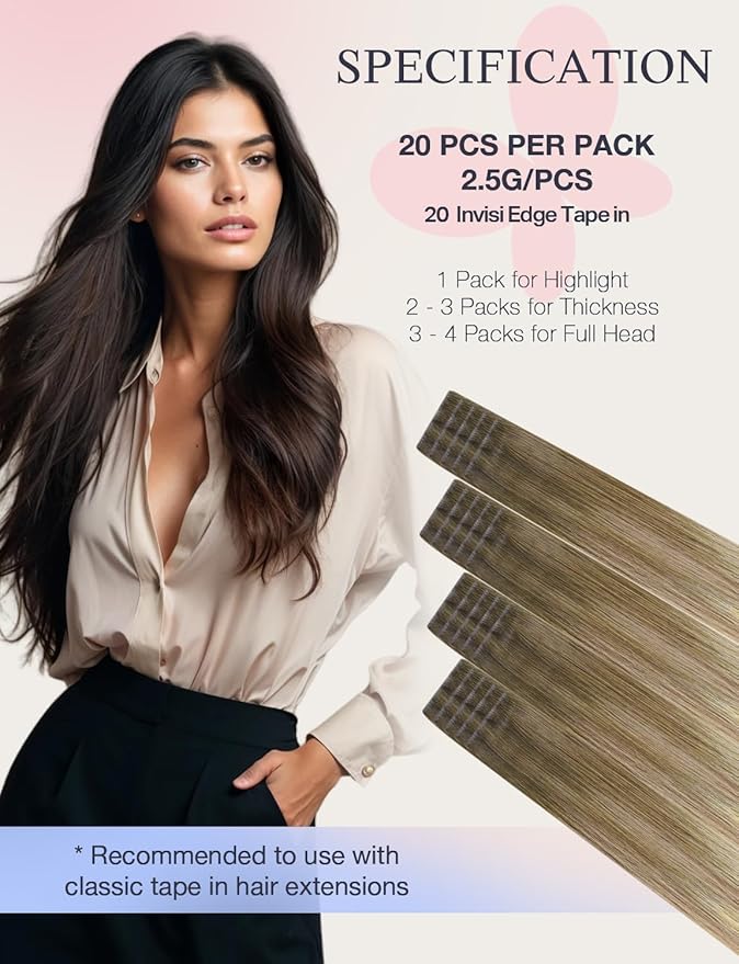 DOORES Invisi Edge Hair Extensions Tape in, Walnut Brown to Ash Brown and Bleach Blonde 10 Injection Tape-ins with 10 Injection Tape-ins 50g 18 Inch, Injected Tape in Extensions Straight