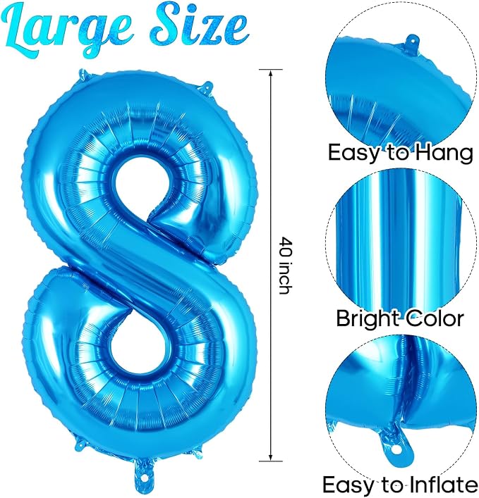 Blue Number 8 Balloon 40 Inch, Big Large Foil Helium Number Balloons, Jumbo - Image 3