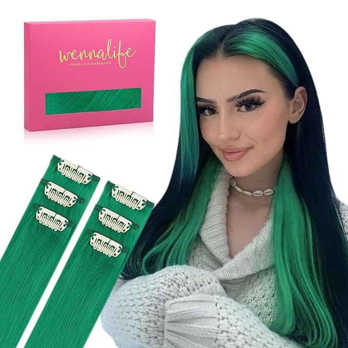 WENNALIFE Green Clip in Hair Extensions Real Human Hair 35g 6pcs 20 Inch Colored Hair Extensions for Kids Women Colorful Hair Pieces Pop-up Style Straight Extensiones De Cabello Humano Con Clip