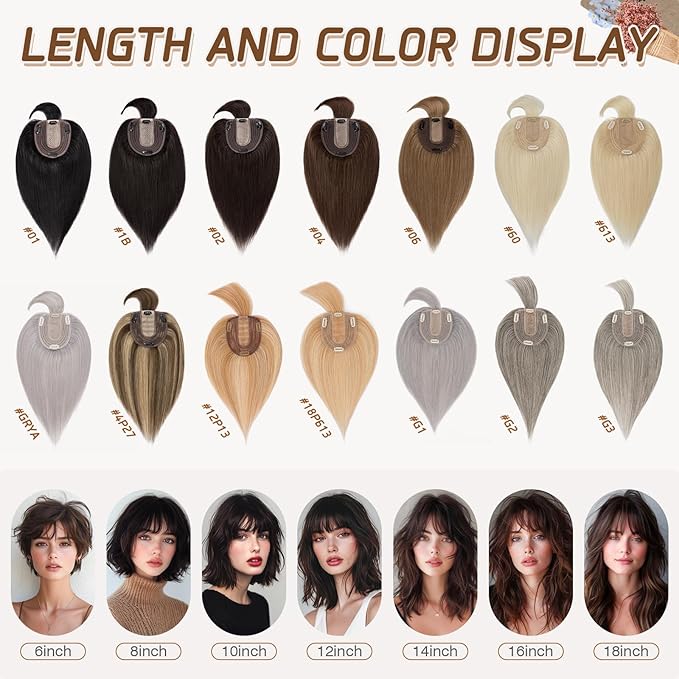 Rich Choices Real Human Hair Toppers for Women With Bang 100% Remy Human Hair Topper for Thinning Hair Clip in Silk Base Hair Topper 10 Inch Salt and Pepper G2 Silver