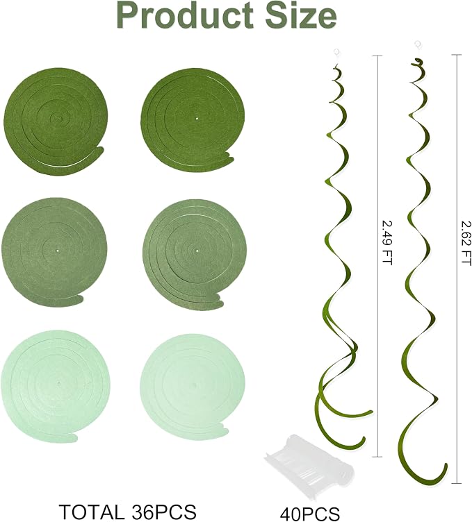 36Pcs Olive Green Hanging Swirl Decorations Ombre Sage Green Felt Swirl - Image 2