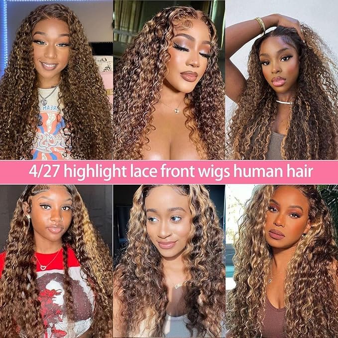 210% Density 13x6 Highlight Ombre Full Lace Frontal Wigs Human Hair 12A Deep Wave Brazilian Human Hair Pre Plucked 4/27 Honey Blonde HD Glueless Transparent Lace 30 Inch