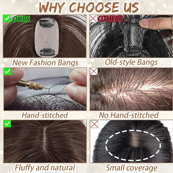 Amchoice Hair Toppers for Women Real Human Hair, Bangs Hair Clip 360° 3D Cover Bangs, Human Hair Toppers for Women Daily(P4/27, 3D French Bangs (5 * 9))