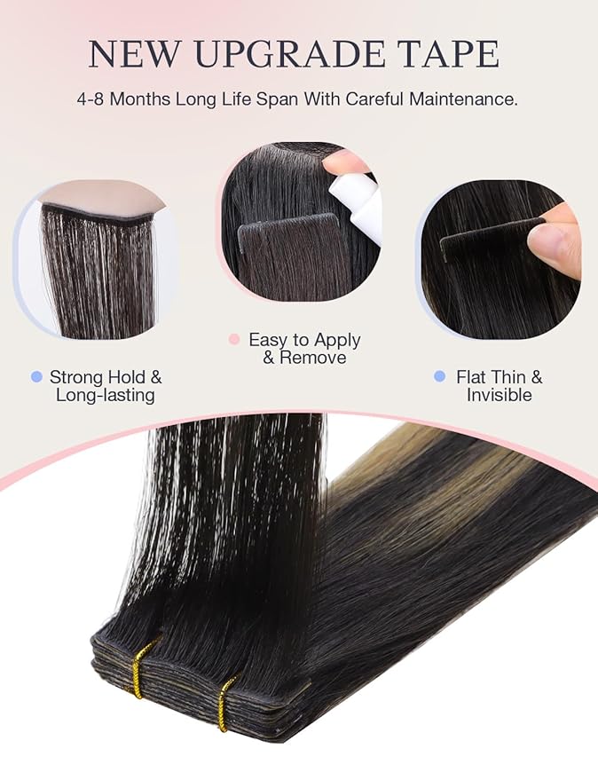 DOORES Invisi Edge Tape in Hair Extensions, Natural Black to Light Blonde 10 Injection Tape-ins with 10 Classic Tape-ins 50g 18 Inch, Injected Tape in Extensions Virgin Human Hair