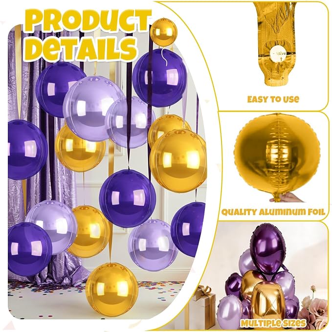 12Pcs Purple and Gold Round Balloons Foil, Large Gold Dark Light Purple - Image 4
