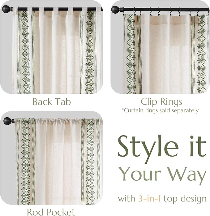 jinchan Floral Linen Curtains Embroidered Back Tab 50x96in 2 Panels Green | - Image 6