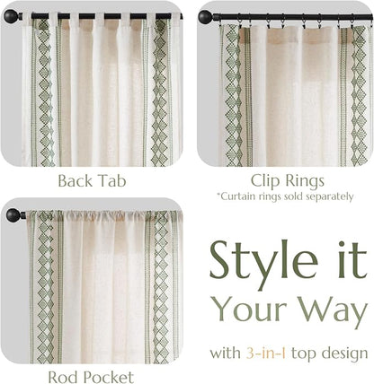 jinchan Floral Linen Curtains Embroidered Back Tab 50x96in 2 Panels Green | - Image 6
