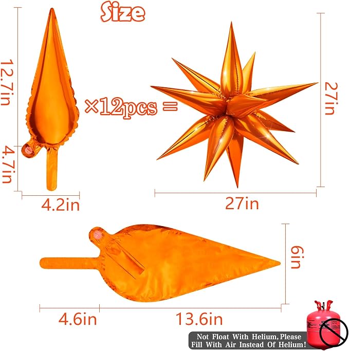 Star Foil Balloons 12 Point Cone Explosion Star Foil Balloons | 60 Pcs Orange - Image 2