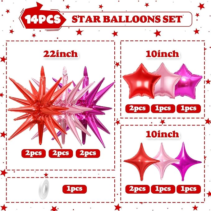14pcs Hot Pink Red Star Balloons, Mixed Star Foil Balloon, 22Inch Explosion - Image 2