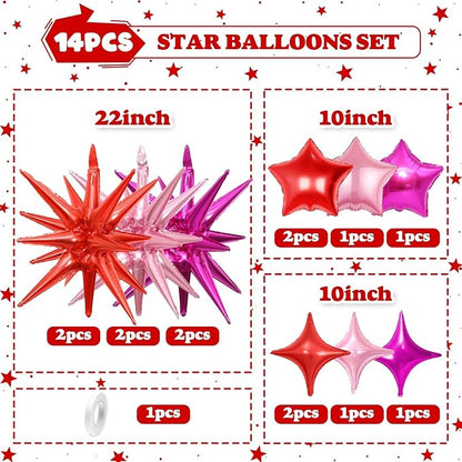 14pcs Hot Pink Red Star Balloons, Mixed Star Foil Balloon, 22Inch Explosion - Image 2