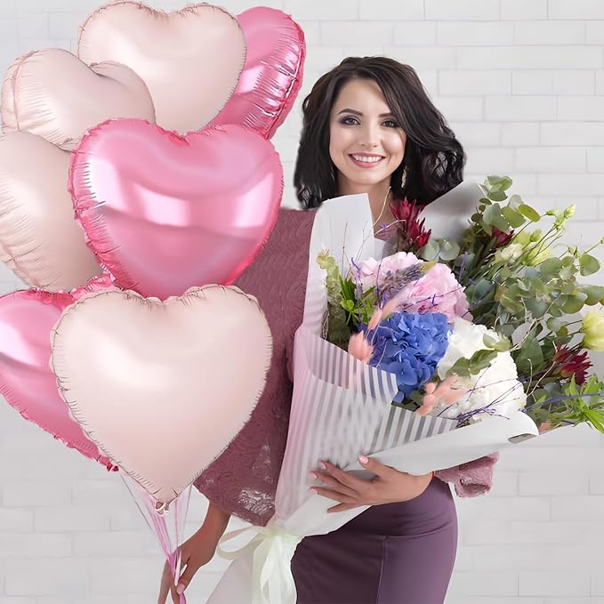 Pink Heart Balloons, 18inch Bright Pink Heart Shaped Foil Balloons & Baby Pink - Image 3