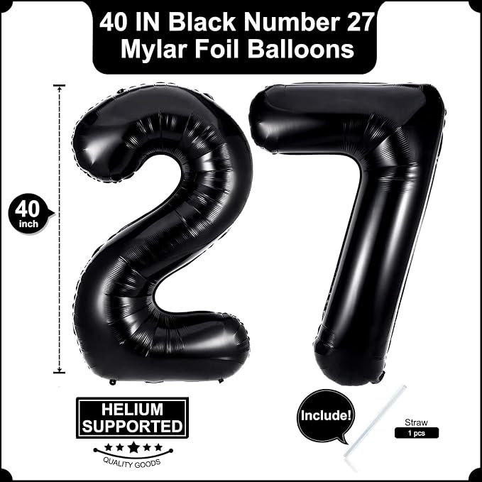 40 Inch Black 27 Balloons Giant Number 27 Balloons Black 27 Birthday Balloons - Image 2
