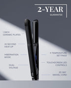 GLAMPALM Hair Straightener 1" Ceramic Volumizing Flat Iron Infused with Vita C, Korea's No.1 Professional Salon Tool, Curved Plates, Dual Voltage, Digital LED (210°–450°), 20s Fast Heat-Up (GP202T)