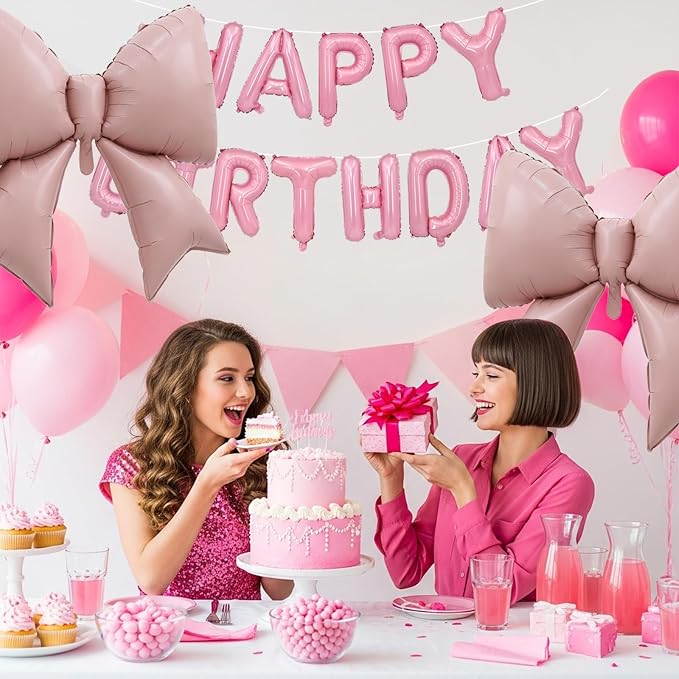 Vuzvuv Pink Happy Birthday Balloons, 38 Inches Huge Bow Aluminum Foil Balloons - Image 5