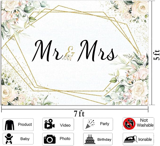 Mr & Mrs White Floral Bridal Shower Backdrop Mr Mrs Wedding Theme Photo - Image 4