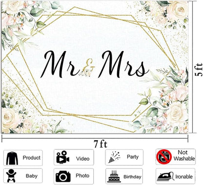Mr & Mrs White Floral Bridal Shower Backdrop Mr Mrs Wedding Theme Photo - Image 4