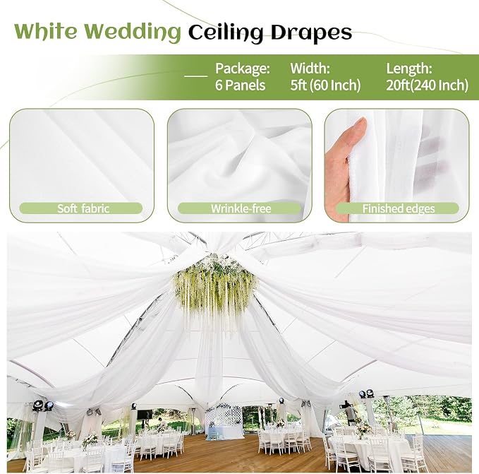 6 Panels White Ceiling Drapes for Wedding Ceiling Drapes 5ftx20ft Wedding Arch - Image 4