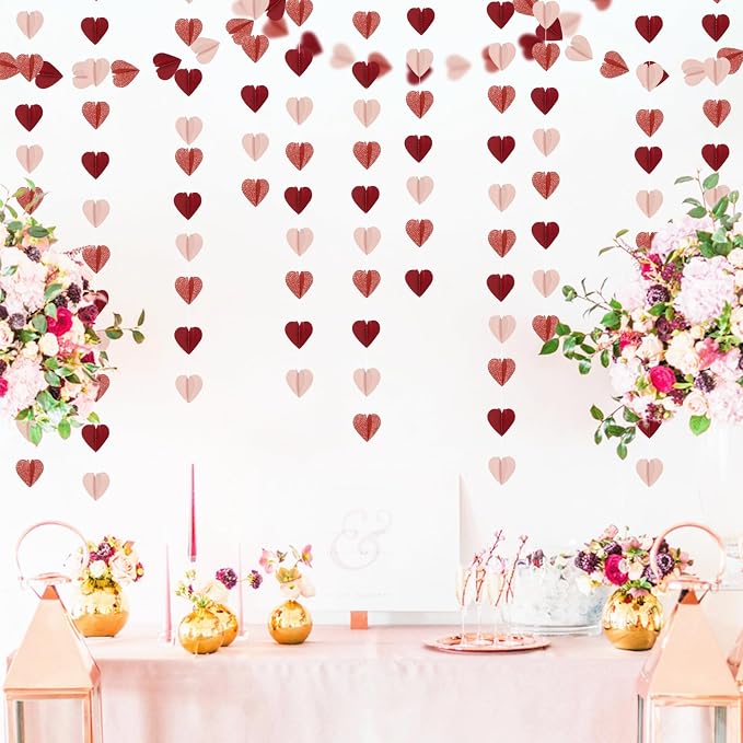 Rose-Gold Pink Burgundy-Red 3D-Heart Garland - 39Ft Galentines Valentines Day - Image 5