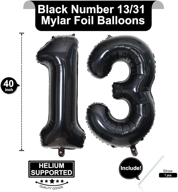 40 Inch Black 13 Number Balloons Giant Jumbo Huge 13 or 31 Foil Mylar Helium - Image 2