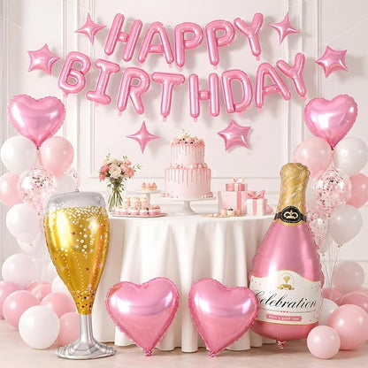 Pink Happy Birthday Balloons Banner, Star Heart Balloons, Champagne Bottle - Image 7