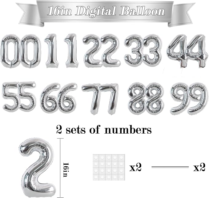 TONIFUL 20 Pcs Number Balloon 2 Set 16 Inch Silver 0-9 Numbers Balloons | Small - Image 2