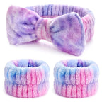 3PCS Spa Headband and Wristbands Set for Women, Soft Microfiber Face Wash Headband with Cute Bow, Elastic Absorbent Wrist Towels, Makeup Skincare Accessories for Facial, Shower, Yoga