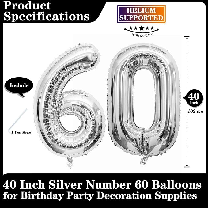 Silver 60 Number Balloons, 40 Inch Giant Number 60 Balloons Foil Mylar Helium - Image 2