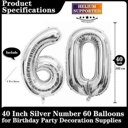 Silver 60 Number Balloons, 40 Inch Giant Number 60 Balloons Foil Mylar Helium - Image 2