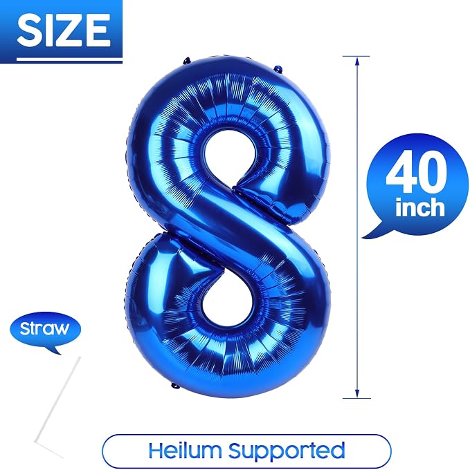 8 Balloon - Metallic Blue Birthday Number Balloons, 40 Inch Decorations | - Image 5