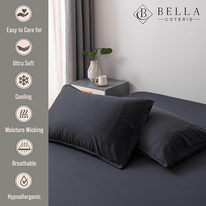 Bella Coterie | Luxury Bamboo Queen Size Pillowcase Set | 100% Organically Grown Bamboo Viscose | Ultra Soft | Cooling | 2 Pcs [Black]