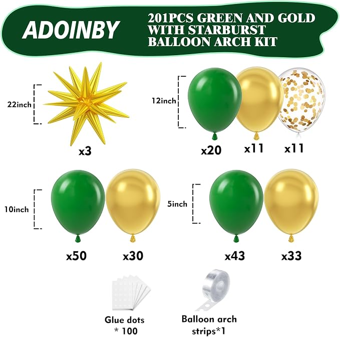 201Pcs Green and Gold Balloon Arch Kit, Explosion Star Emerald Dark Green - Image 2