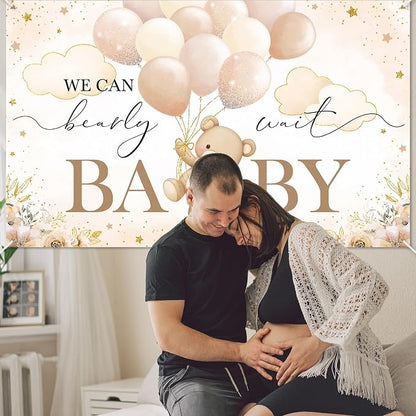 Mocsicka We Can Bearly Wait Backdrop Banner Brown Bear Baby Shower Banner Bear - Image 5