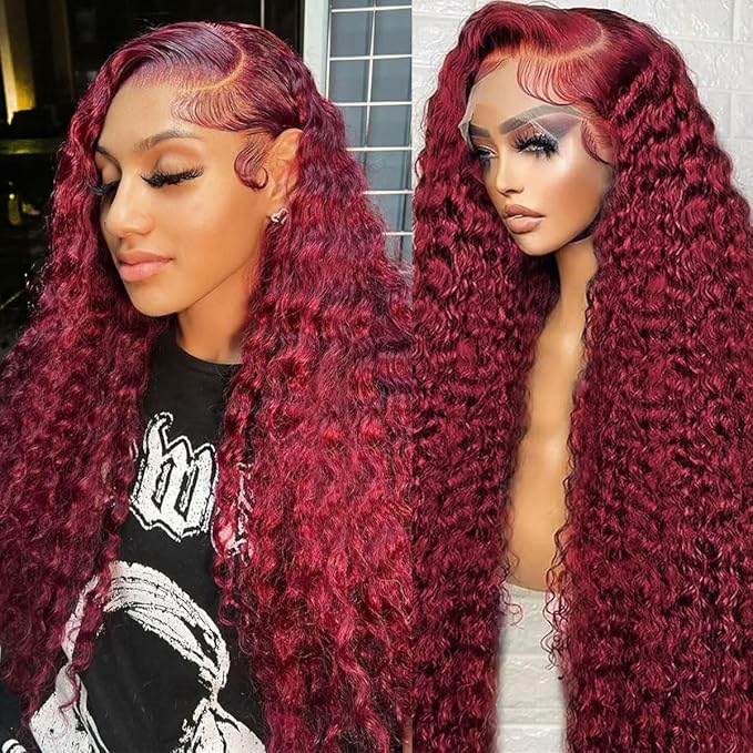 BVLBVL 36 Inch 99j 13x6 HD Lace Front Wigs Human Hair 250% Density Deep Wave Lace Front Wigs Pre Plucked Burgundy Wig Human Hair Wet And Wavy No Tangle No Shedding Triple Lifespan 3x