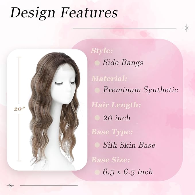 Hair Topper, 360° 3D Hair Toppers for Women with Thinning Crown, 20 Inch Long Wavy Curly Hair Pieces Clip in Bangs (Highlights Light Brown Mix Blonde with Brown Root, 20 inch, Side Bangs)