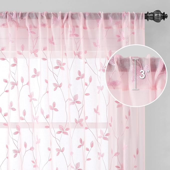 HOMEIDEAS Pink Sheer Curtains 2 Panels, Embroidered Vine Leaf, W52 x L63 | Faux - Image 5