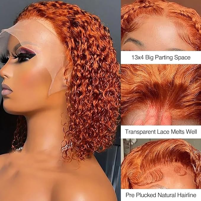 GOLFMAX 8 Inch Curly Bob Wig 350# Orange Ginger Lace Front Wigs Human Hair Short Bob Wig Human Hair Water Wave 13x4 Lace Front Wigs Pre Plucked