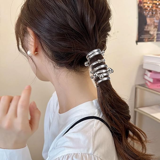 4PCS Bead Spiral Hair Ties, Artificial Pearl Bead Phone Cord Ponytail Holders for Women, Elegant Rubber Hair Coils, Stylish Hair Accessories for Party, Daily Use - White, Silver Bead