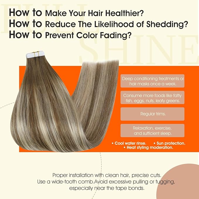 Full Shine Blonde Tape in Hair Extensions 18Inch Real Hair Extensions Human Hair Double Sided Tape in Extensions 20 Pcs 6 Chestnut Brown Ombre to 60 Platinum Blonde Highlighted 6 Adhesive Tapes 50Gram