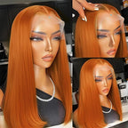 Ginger Orange Bob wig Human Hair 350# Colored Bob Wig 13x4 HD Transparent Lace Frontal Wigs Human Hair Straight Short Bob Wigs for Black Women (16inch, Ginger Bob Wig)