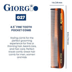Giorgio G27 Handmade All Fine Tooth Pocket Comb, Hair Comb Straightener for Everyday Grooming Styling Hair, Mustache and Beard for Men Women and Kids, Saw Cut and Polished (Tortoiseshell)