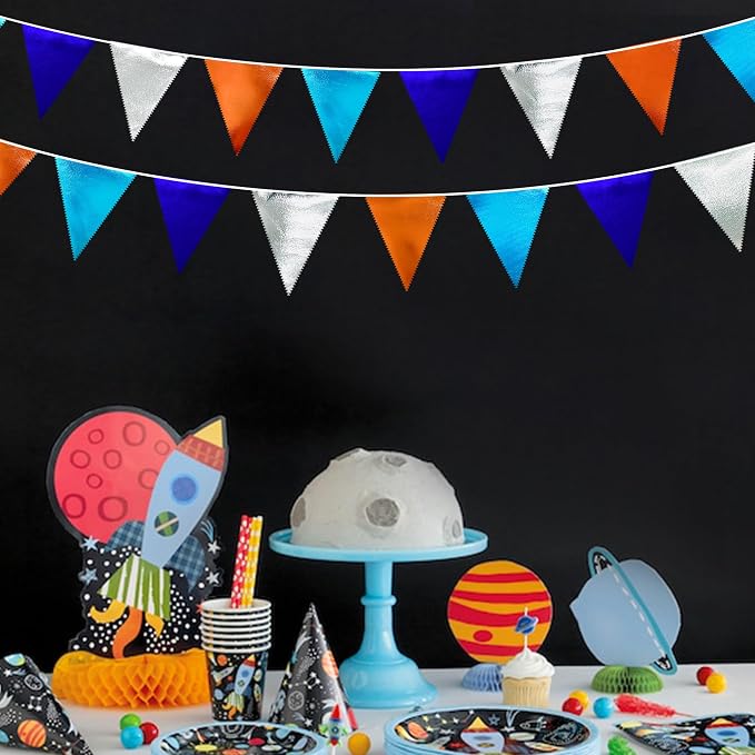 Orange Blue Silver Party Decorations Metallic Fabric Triangle Pennant Banner - Image 4