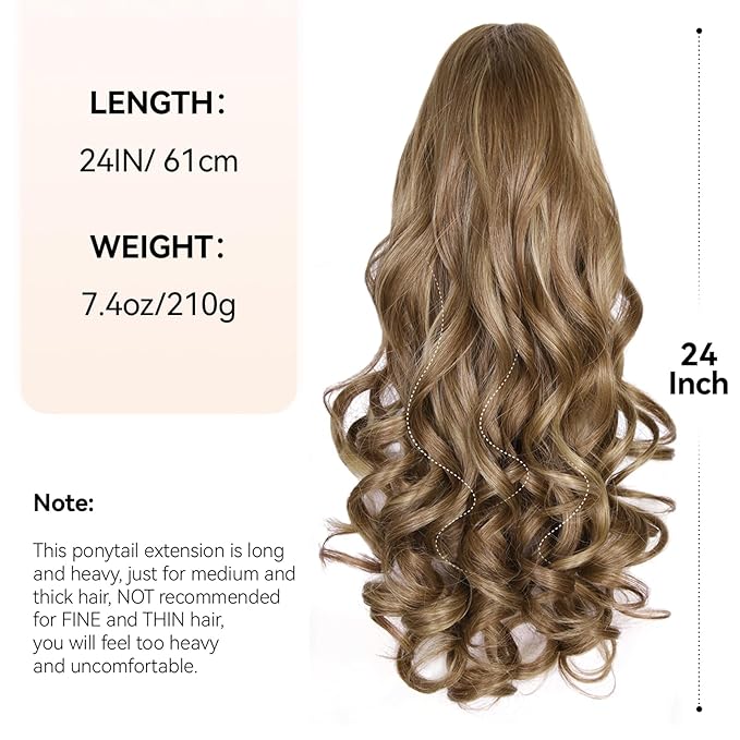 24 Inch Ponytail Extension, Layered Ponytail Extensions for Women, Soft Wavy Claw Clip in Ponytail Extension, Natural Synthetic Hair Pieces for Women (Color: Light Brown With Dark Blonde Highlights)