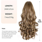 24 Inch Ponytail Extension, Layered Ponytail Extensions for Women, Soft Wavy Claw Clip in Ponytail Extension, Natural Synthetic Hair Pieces for Women (Color: Light Brown With Dark Blonde Highlights)